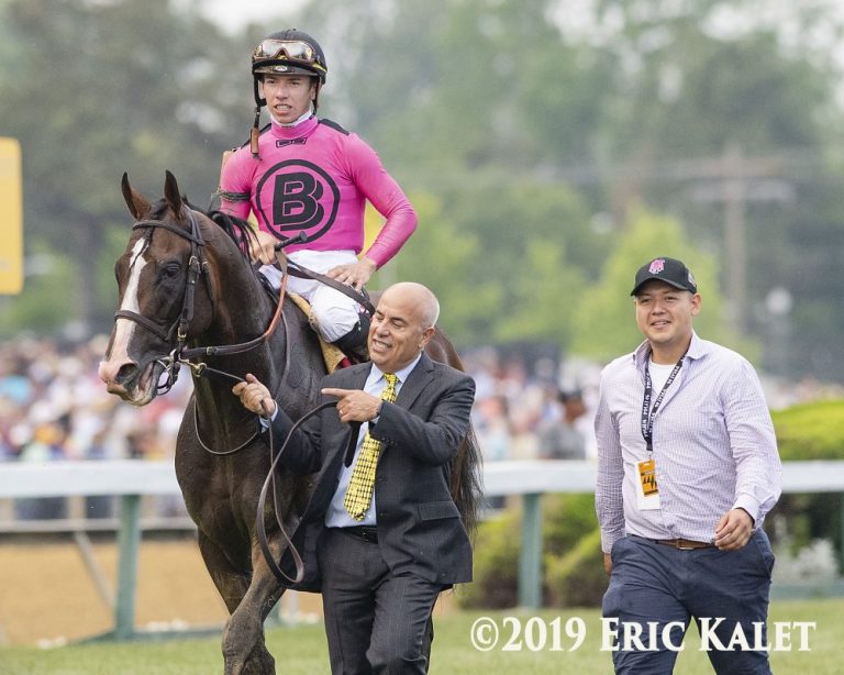 Trainer Mark Casse with War of Will and Jockey Tyler Gaffalione after Preakness Win. PC: Eric Kalet for Paulick Report