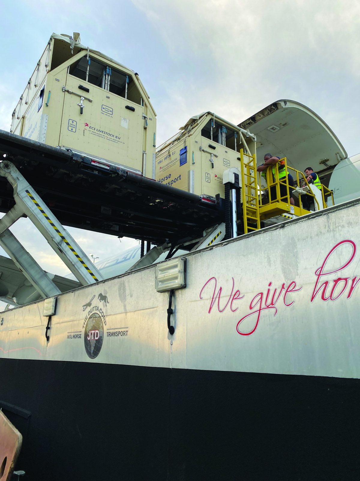 Horse transport containers being loaded onto an aircraft