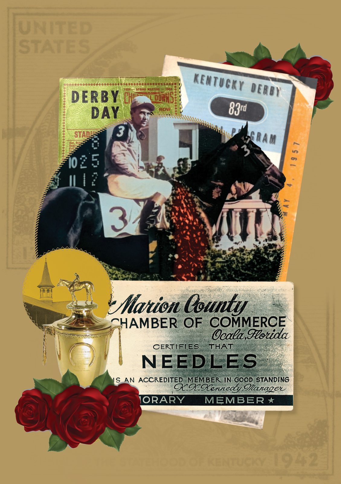 Kentucky Derby memorabilia collage: Derby Day program, Marion County Chamber of Commerce certificate, roses